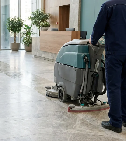 Commercial floor scrubber in an office building lobby