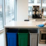 Worker wiping a shared kitchenette counter above separate waste containers