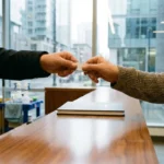 Two people exchanging an unmarked access fob over a reception counter